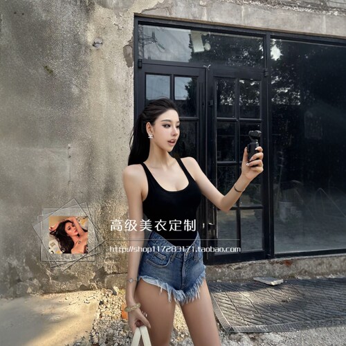 性感V型显腿长短裤做旧牛仔毛边