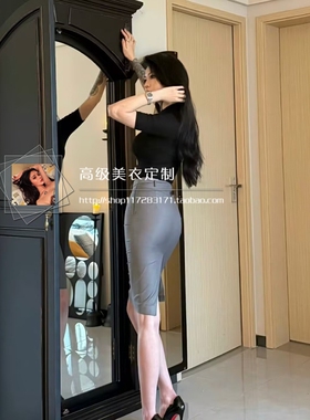 御姐轻熟气质OL修身显瘦套装黑色五分袖打底衫上衣高腰包臀半身裙