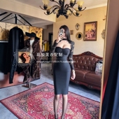 御姐轻熟气质性感裹胸蕾丝绷带连衣裙高级感黑色长袖 紧身包臀中裙