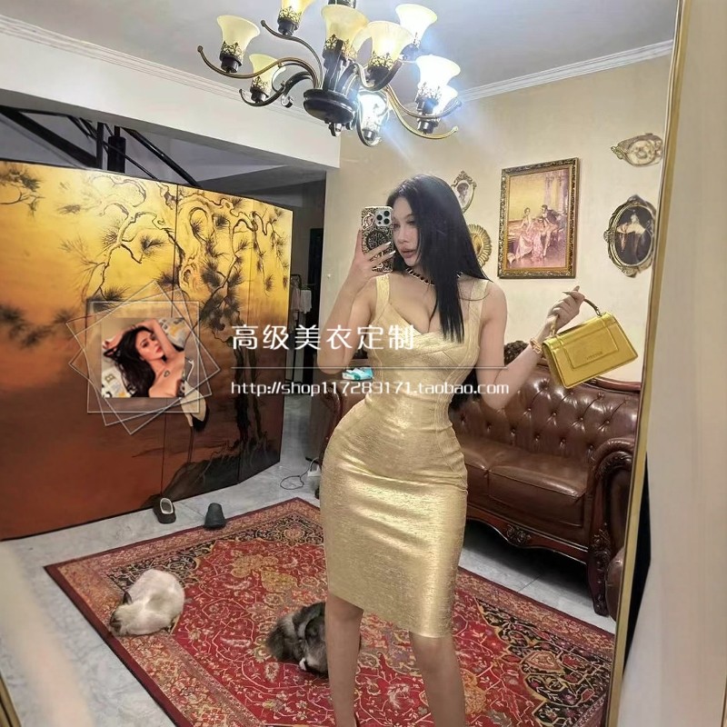 奢华金~卡戴珊御姐气质金色烫胶绷带裙女性感弹力紧身包臀连衣裙