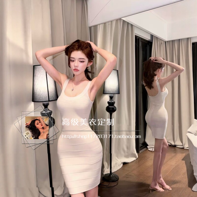 【柠檬硬糖三色】御姐性感U领露背修身包臀裙气质显白无袖绷带裙