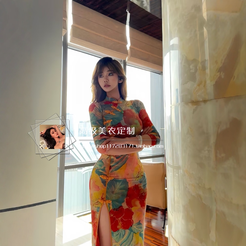 风情万种~御姐优雅气质旗袍裙小妈氛围感印花开叉修身包臀连衣裙