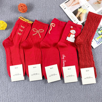 东大门秋冬新年红袜子kikiya新款本命年中筒女袜蝴蝶结小花图案