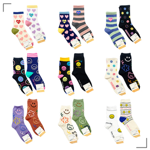 韩国东大门秋季新款笑脸爱心图案多巴胺穿搭女款韩版中筒袜透气