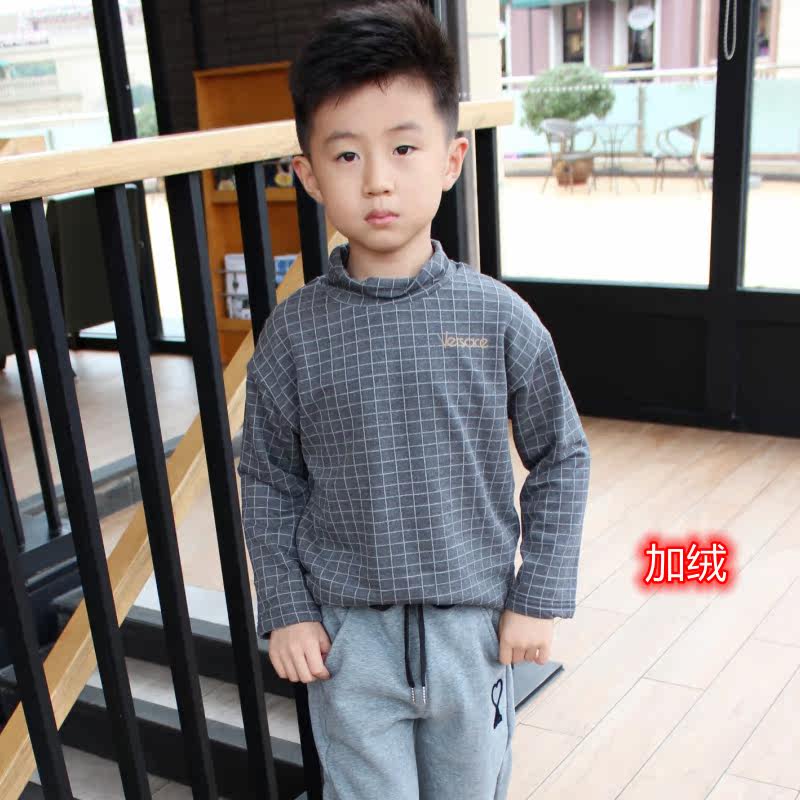 男童加绒长袖t恤秋冬新款儿童半高领打底衫格子宝宝加厚保暖上衣