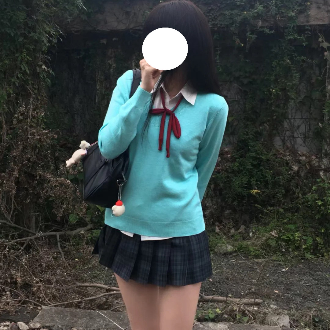 学院风JK制服红领绳针织开衫毛衣叠穿百搭校供感海苔中裙秋冬套装