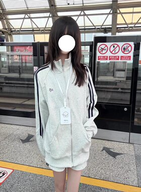 日系学院风条纹运动立领卫衣春夏款薄款拉链宽松外套叠穿短裤套装