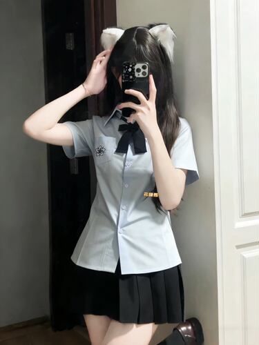 日系jk制服衬衫新款樱花刺绣短袖学院风百搭绀色短裙校供感裙套装