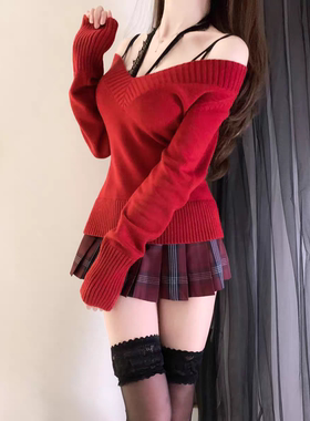 日系原创jk制服女秋冬红色针织长袖套头毛衣叠穿校供感红格裙套装