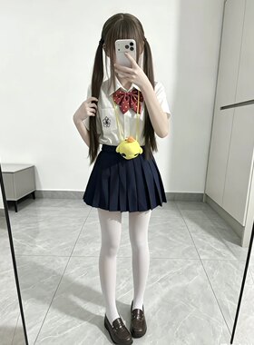 日系学院风樱花刺绣短袖衬衫叠穿绀色短裙学生党小个子甜妹裙套装