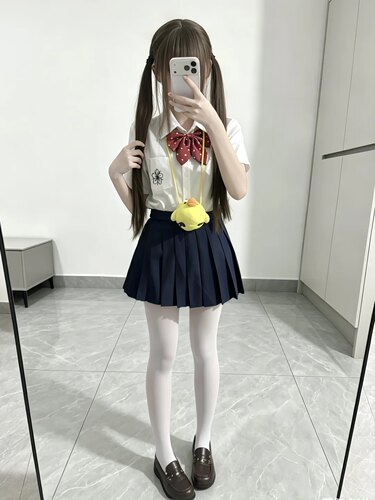 日系学院风樱花刺绣短袖衬衫叠穿绀色短裙学生党小个子甜妹裙套装