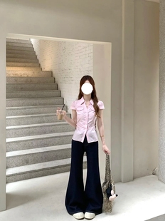 女夏季新款甜美减龄粉色短袖衬衫纯欲风设计感修身剪裁法式上衣潮
