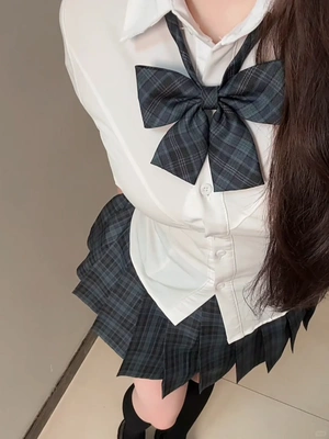 纯欲风日系校供感收腰短袖衬衫叠穿海苔格裙JK制服修身气质套装女