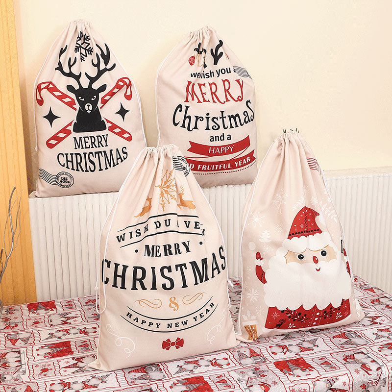 帆布圣诞老人背包印花收口礼物袋 礼品袋Santa Claus gift bag