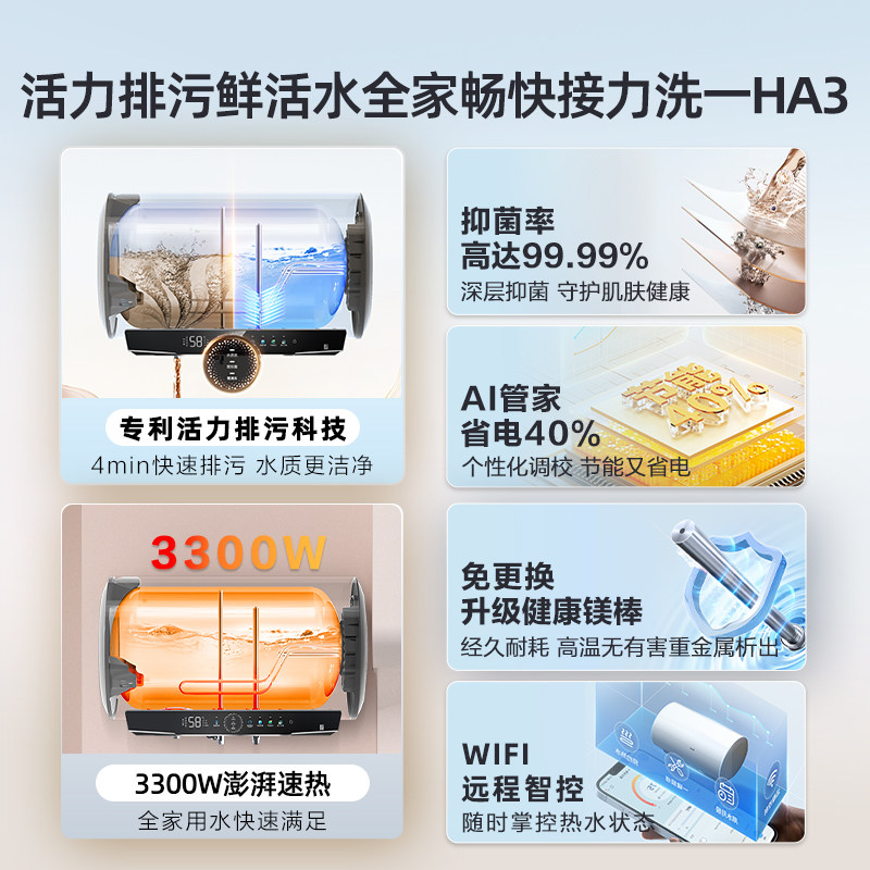 海尔新品活水洗电热水器家用卫生间洗澡速热一级能效镁棒免换HA3