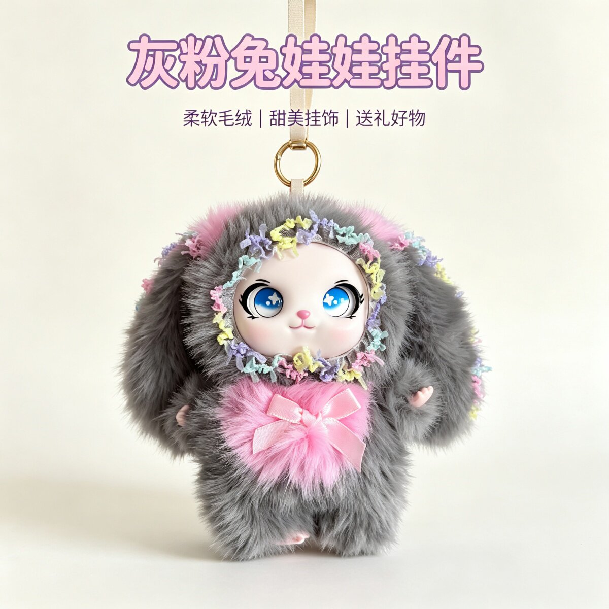 灰粉长耳兔公仔挂件包包挂饰