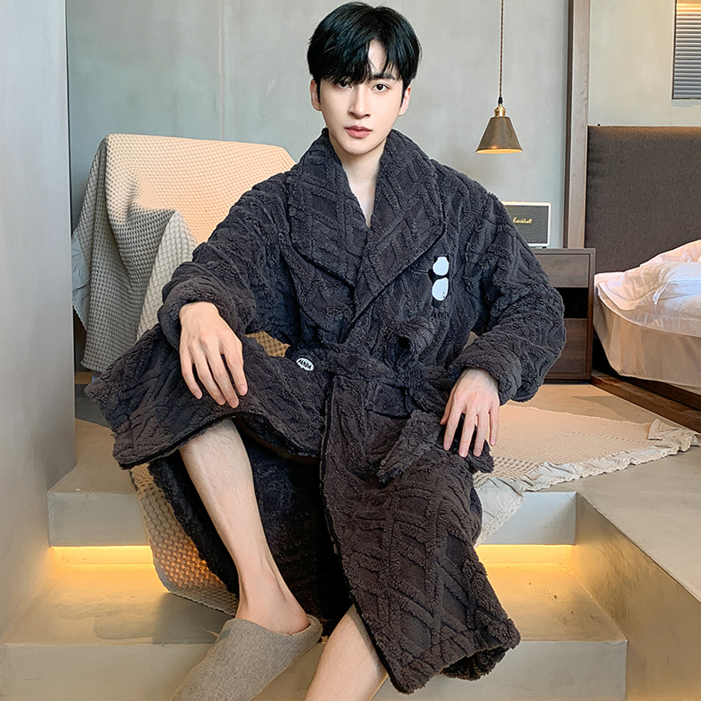冬天加厚吸水速干珊瑚绒男士睡袍