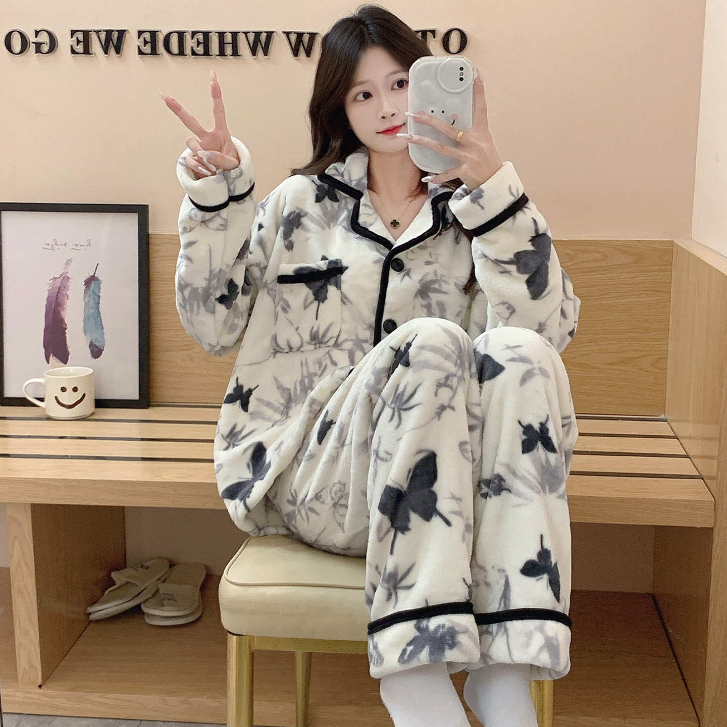 冬天法兰绒加厚保暖国风女士睡衣