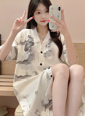 维多利亚睡裙女款2026新款中式水墨风高级感夏季短袖带胸垫家居服