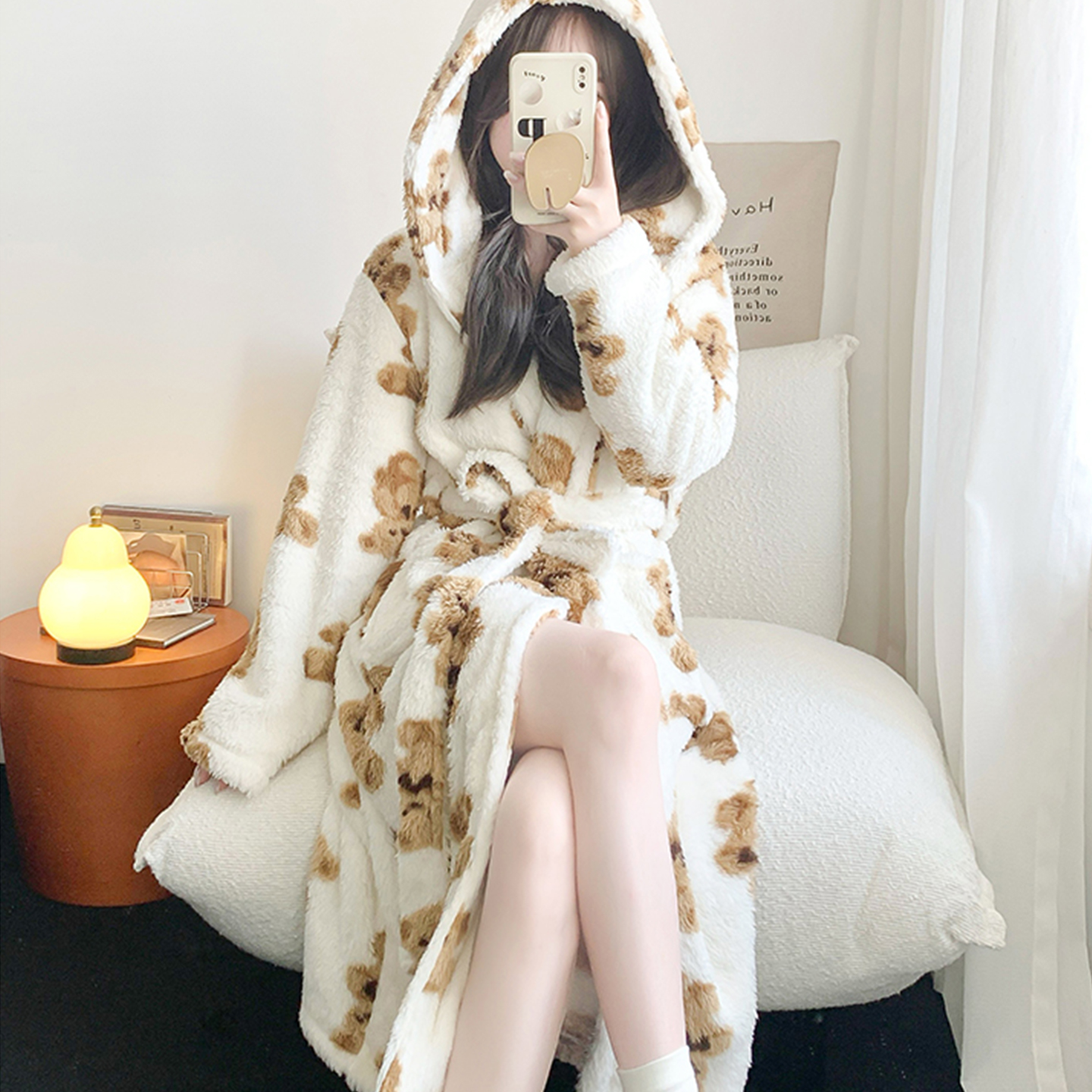 冬天卡通可爱小熊珊瑚绒女士睡袍