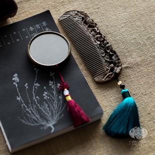 中式木梳镜子套装绿檀木梳子礼盒随身便携古风七夕礼物女士女朋友