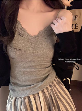 灰色高级感吊带背心韩版甜美纯欲风v领蕾丝花边针织紧身辣妹上衣