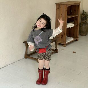 水洗做旧假两件T恤儿童洋气印花上衣短裤 26春季 新款 女童韩版 套装