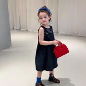 新款 女童洋气可爱条纹无袖 吊带上衣儿童韩版 26夏季 牛仔背心裙套装