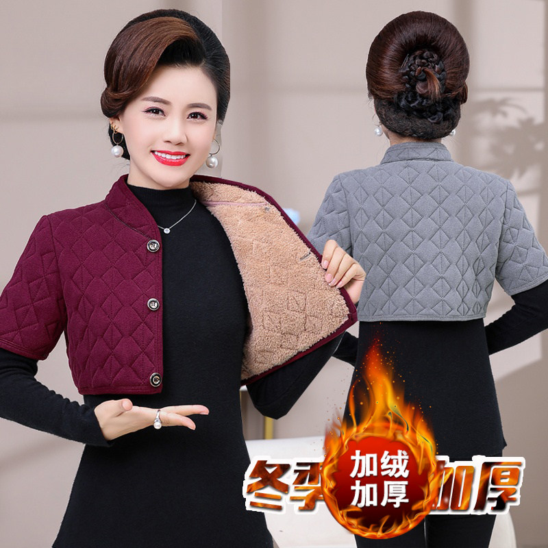 妈妈加绒加厚护肩防寒驼绒棉中袖小背心中老年女装睡觉护颈椎坎肩