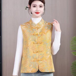 缎面新中式立领盘扣马甲女复古印花显瘦中老年妈妈装国风背心上衣