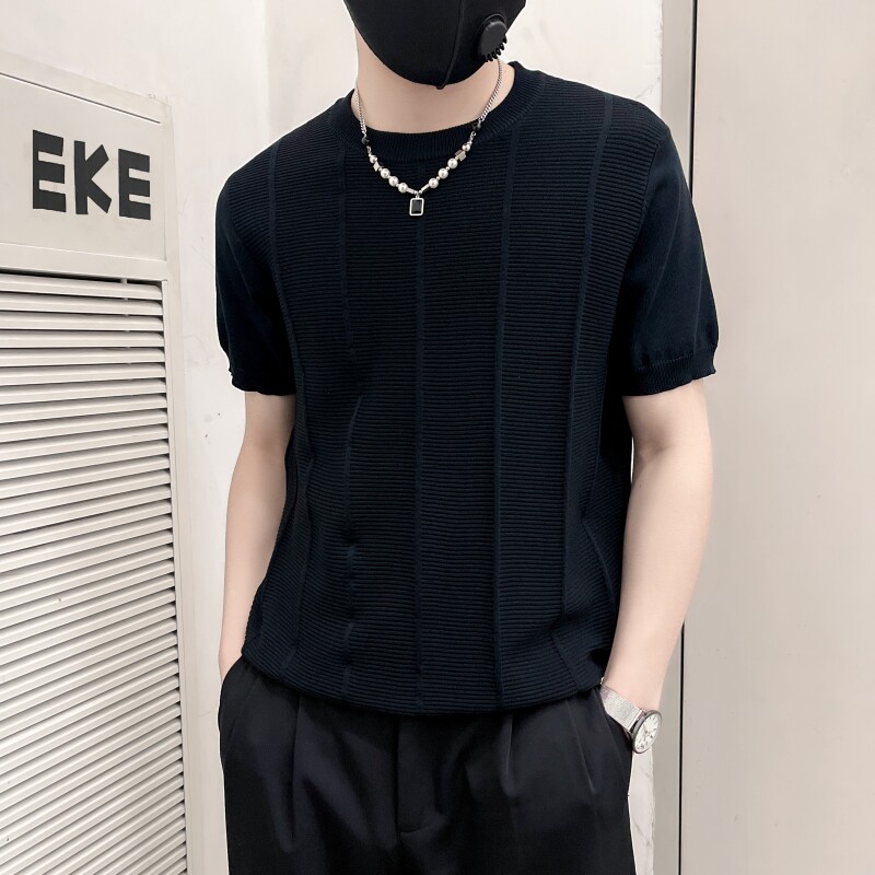 ZZ01-P58社会小伙黑色男士夏季新款肌理条纹针织冰凉圆领短袖T恤图片