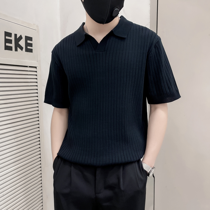 ZZ04-P58社会小伙黑色高端针织男夏季修身V翻领短袖t恤潮牌条纹，男装针织衫/毛衣，电商B363-1