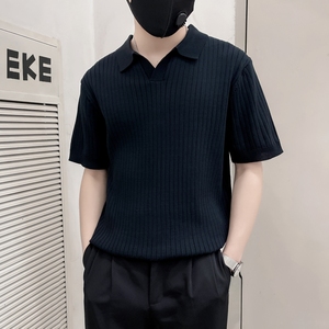 ZZ04-P58社会小伙黑色高端针织男夏季修身V翻领短袖t恤潮牌条纹,男装针织衫/毛衣,电商B363-1