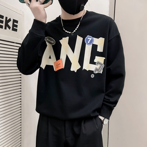 WY22-P58控78黑色春款潮流社会小伙卫衣男套头印花,不规则改良旗袍搭配什么鞋子好看图片