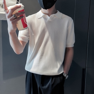 ZZ03-P58社会小伙黑色男士休闲轻熟风针织衫高端翻领t恤潮牌图片