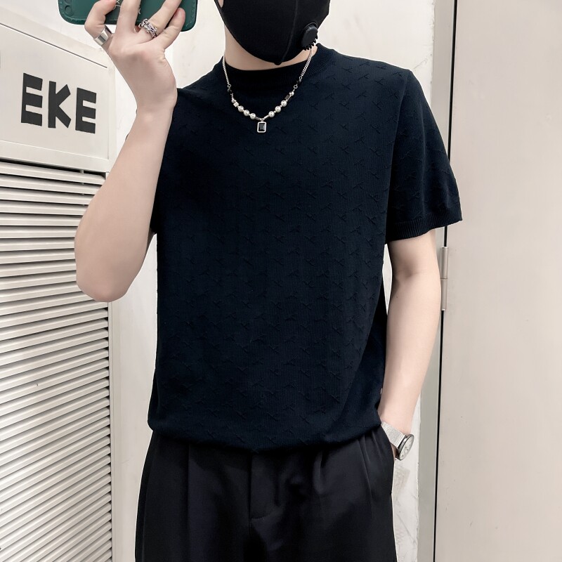 ZZ02-P58黑色夏季社会小伙痞帅店主风针织短袖t恤,男装针织衫/毛衣,电商B363-1