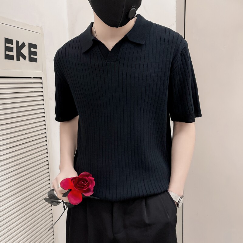 ZZ04-P58社会小伙高端针织男夏季薄款修身V翻领短袖t恤潮牌条纹,男装针织衫/毛衣,电商B363-1