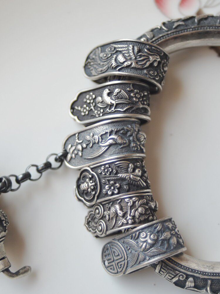 99 순수 실버  러닝 링 복고풍 모조 올드 실버 피닉스 착용 모란 해피 브로우  러닝 링 DIY 팔찌 액세서리