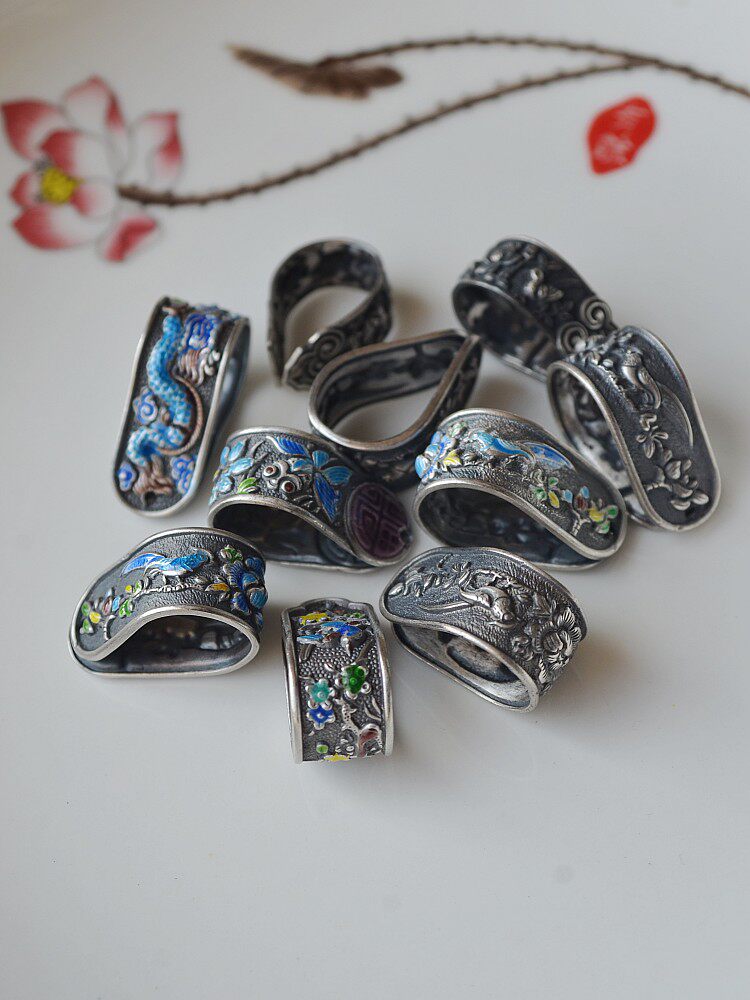 99 순수 실버  러닝 링 복고풍 모조 올드 실버 피닉스 착용 모란 해피 브로우  러닝 링 DIY 팔찌 액세서리