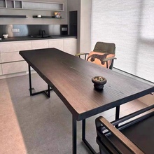 侘寂风黑色实木餐桌白蜡木大板工作台极简原木亚克力悬浮办公茶桌