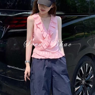 时尚 法国SOEUR 荷叶边背心女夏薄款 BKAC法式 气质收腰上衣 V领无袖