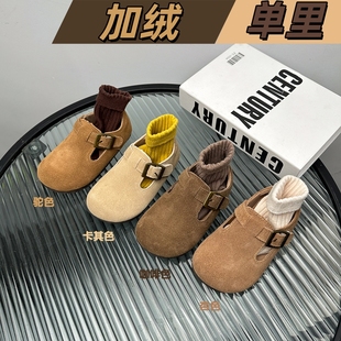 儿童真皮勃肯鞋2025秋冬季新款女童复古豆豆鞋男童亲子加绒小皮鞋