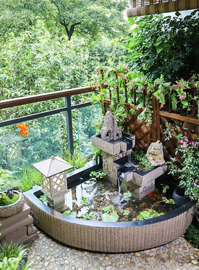 创意阳台鱼池水景花园布置庭院水池装饰造景假山盆景植物流水摆件