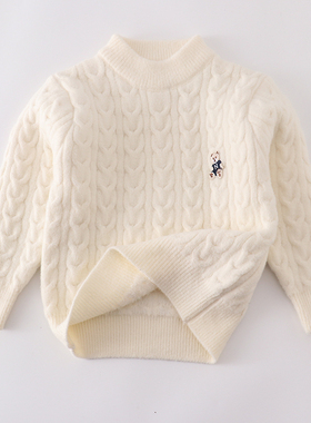 男女童加厚圆领毛衣儿童一体绒套头打底线衫水貂绒白色针织衫外套