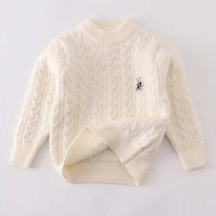 男女童加厚圆领毛衣儿童一体绒套头打底线衫水貂绒白色针织衫外套