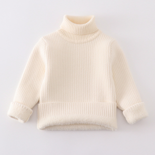儿童高领一体绒黑白色毛衣男女童中大童套头加厚保暖打底针织线衫