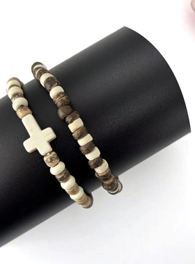 欧美时尚时尚个性风黑磨砂黑石手链两件套弹力叠戴手串手饰