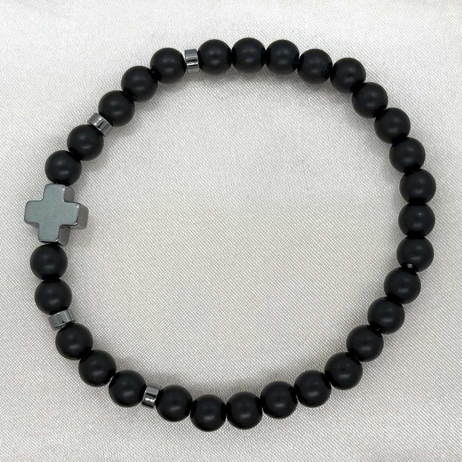 简约磨砂黑石黑胆石十字架6mm弹力串珠手链男女士