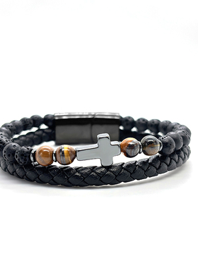 跨境天然石串珠手链十字架编织手镯不锈钢磁铁扣编织皮革手链饰品