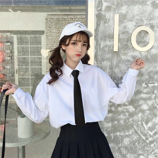 秋冬新款韩版白色衬衫女长袖学生班服大码百搭宽松职业领带衬衣潮